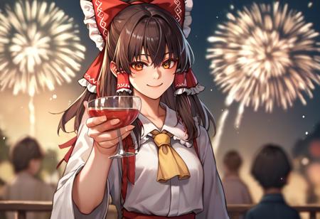 smile holding cup fireworks