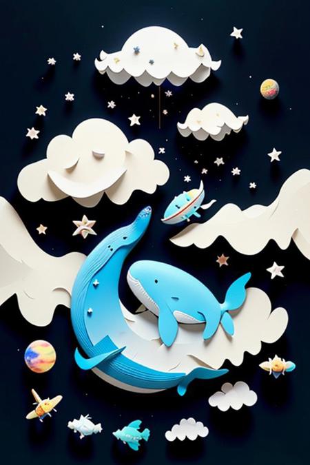 fluffy, floating, clouds, sky, stars, space ,whale,paper_cut