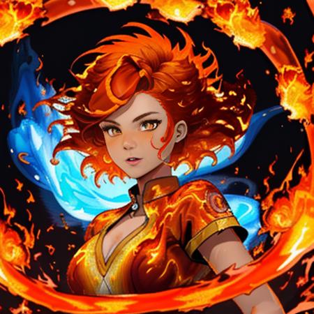 (best quality: 1.2), (masterpiece: 1.2), (realistic: 1.2), 1girl, ((fiery red and orange elemental hair made of liquid fire:1.5)), (wild fiery hair)), (glowing embers floating off hair), (mature fire bender), (volcano Island background), ((controlling swirling rings of (blue) psychedelic fire)), arcane floating runes, on eye level, scenic, masterpiece