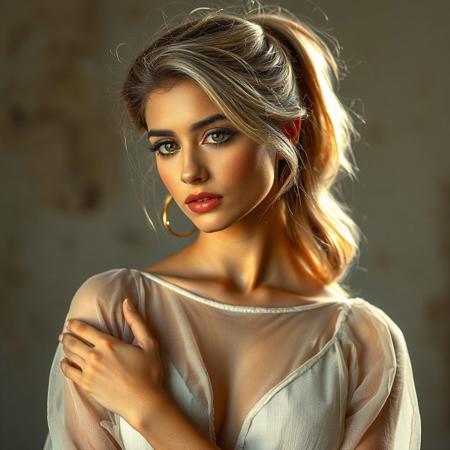 Young Aishwarya Rai with blonde hair in thick ponytail updo posing in a ((sheer)) linen dress as a model, in the style of Sean Archer photography, volumetric lighting, hdr, highly detailed, flushed skin.