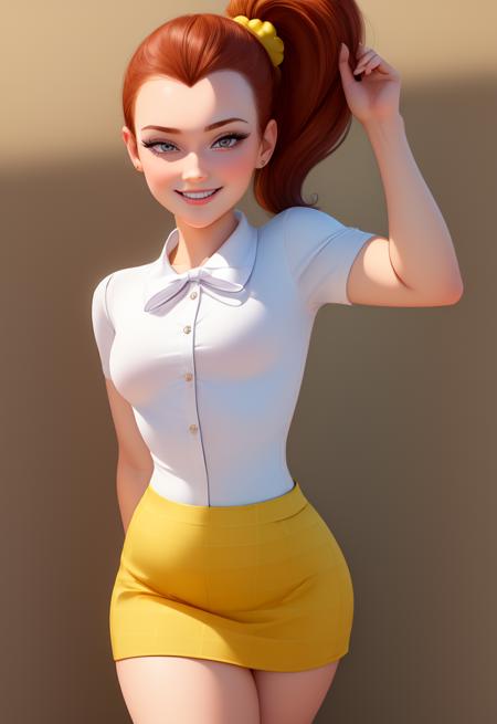 (masterpiece:1.4), (best quality:1.4), (high resolution:1.4), cartoon style, LuanLoud <lora:LuanLoud:1>, smile, brown hair, pale skin, cowboy shot, white shirt, yellow mini skirt, looking at viewer, detailed face, detailed eyes, small breasts, curvy, ribbon, ponytail, buckteet, artstation female body, from the front, dynamic pose, solo, 1girl, <lora:add_detail:0.7>