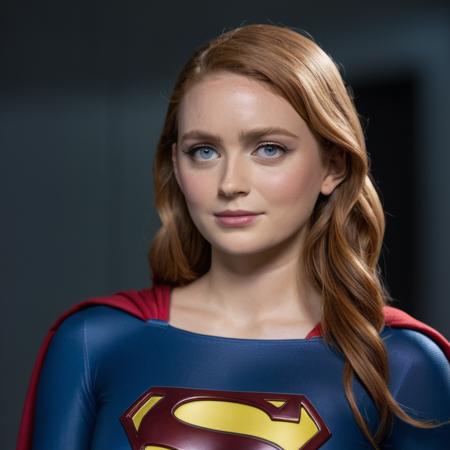 Photo of an actress dressed as supergirl, Nikon Z9, realistic matte skin, skin texture visible, (sharp focus), (high quality)