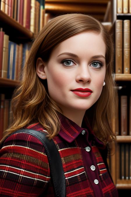 a professional photograph of beautiful(J4n313vy:1.1) woman,as a librarian,wearing a red plaid dress,standing in a (library at Oxford University:1.3),holding an leather bound Oxford dictionary,with students studying at (wooden desks:1.2),with (high arched ceiling:1.2),surrounded by rows of tall (bookshelves with ladders:1.3) in background,long hair,lipstick,makeup and eyeshadow,face focused,detailed eyes,(highly detailed),(HDR),(8k wallpaper),dim lighting,intricately detailed,highres,absurdres,hyper realistic,taken with (Canon EOS 1Ds camera),extremely intricate,dramatic,(looking at viewer),4k textures,hyperdetailed,PA7_Portrait-MCU,<lora:J4n313vy_03C-000004:1.0>,