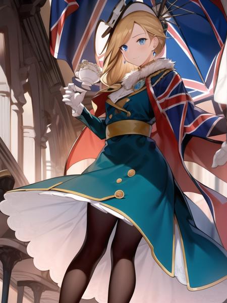 (hyper extreme detailed),(masterpeace),(hyper extreme),(photorealistic),CG,(colour:1.2), beautiful lighting,light from the front,solo,  <lora:hood:1>,hood,blonde hair,blue eyes,black pantyhose,dress,earrings,gloves ,jewelry,long hair,long skirt,shoes,union jack,blue dress,frilled_dress,hat,