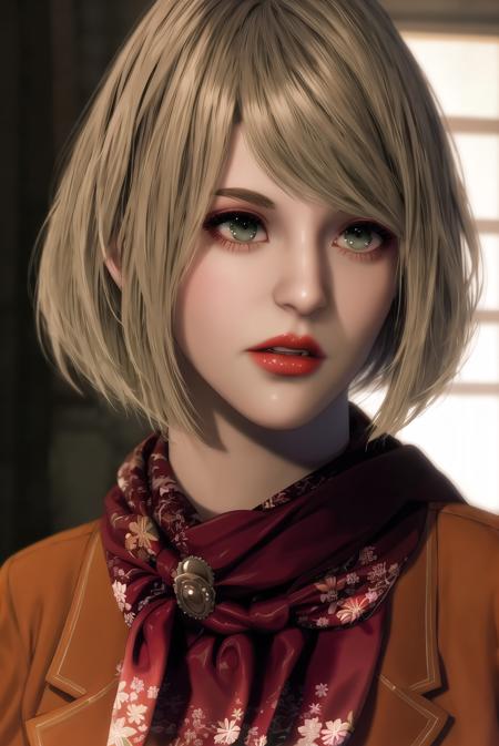 1girl, ashley-re4, blonde hair, green eyes, lips, looking to the side, parted lips, portrait, scarf, short hair, solo