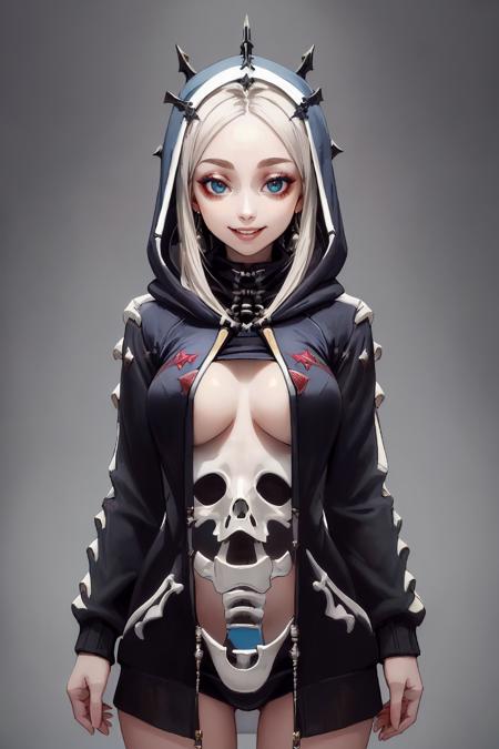 ((Masterpiece, best quality,edgQuality)),smile--, hoodie,edgBones, a woman in a hoodie made of bones ,wearing edgBones
 <lora:edgBoneHoodies:1>