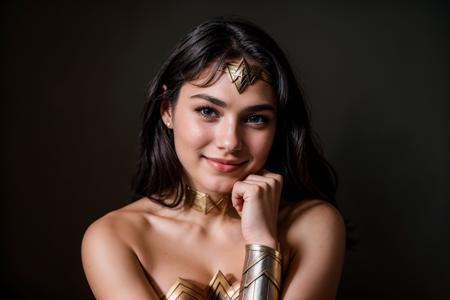 DC movies,photo of a 18 year old girl,wonder woman,hands on chin,happy,laughing,ray tracing,detail shadow,shot on Fujifilm X-T4,85mm f1.2,depth of field,blurry background,bokeh,motion blur,<lora:add_detail:1>,