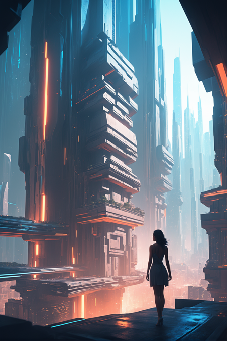 technobrutalist, cinematic color grading, <lora:EnvySendNoodzXL01:-0.5>1girl, woman, beautiful, a amazing fantasy metropolis edge of reality, masterpiece, by Bastien Grivet<lora:EnvyTechnobrutalistXL01:0.5>