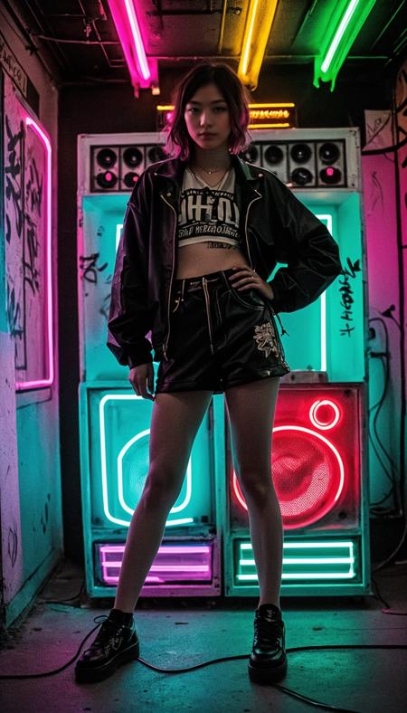 RAW Photography, a Photographic vaporwave grunge, funk and punk inspired scene with a pin up punk girl in oversized clothes, posing next to a giant glowing boombox. The background is a neon abyss, with graffiti, glitches, and faded retro graphics overlaying. The lighting, composition, and colors are meticulously planned to add surrealism and phantasmic qualities, sharp focus on subject, watching viewer, cyberpunk,<lora:SDXLrender_v2.0:1>