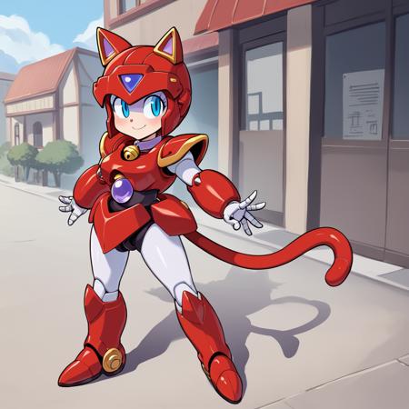 pururun, 1girl,red helmet, cat tail, blue eyes, cat ears, robot, android,red armor,neck bell, chibi