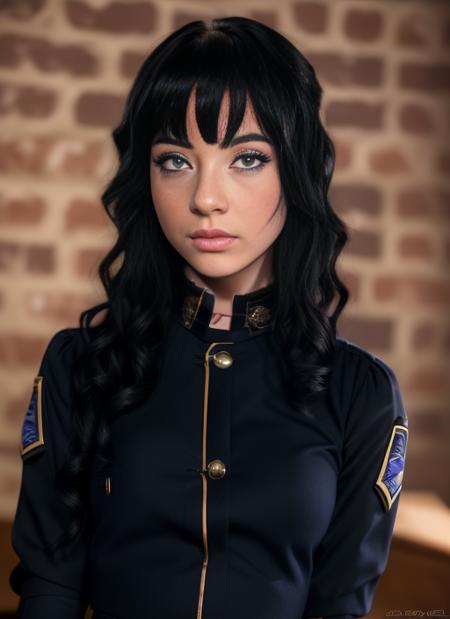 (gothcharlotte) (dark hair) (blue eyes) woman (cinematic) (masterpiece) (face detailed)  (uniform) <lora:CHARLOTTE:1>