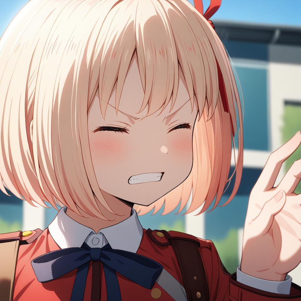 1girl, nishikigi chisato, lycoris recoil, lycoris uniform, (red uniform), blonde hair, short hair, red ribbon, hair ribbon, (gray uniform), 
clenched teeth, closed eyes, pillarboxed, teeth, waving, shoulder belt,
solo, face focus,
outdoors,
ultra detailed background,
BREAK
BREAK 4K, clear_skin, matte_skin, beautiful_color, Cinematic lighting, (perfect anatomy), <lora:hand 4:0.3>
BREAK