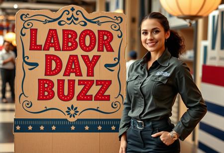 Get ready for an unparalleled Labor Day celebration, where your hard work is recognized with extraordinary rewards. Picture a dynamic scene with a confident female worker standing proudly beside a striking cardboard display titled ‘Labor Day Buzz.’ The sign, adorned with intricate designs and vibrant colors, symbolizes the spirit of the day and the power of labor. The worker, dressed in professional attire, embodies the strength and dedication of all who contribute to our world. As you step into this vibrant atmosphere, you’ll discover exclusive surprises and luxurious offers crafted just for you. Whether you’re looking to unwind or indulge, our top-tier rewards will elevate your Labor Day experience. Celebrate your achievements in style – because this day is a tribute to the labor that drives progress