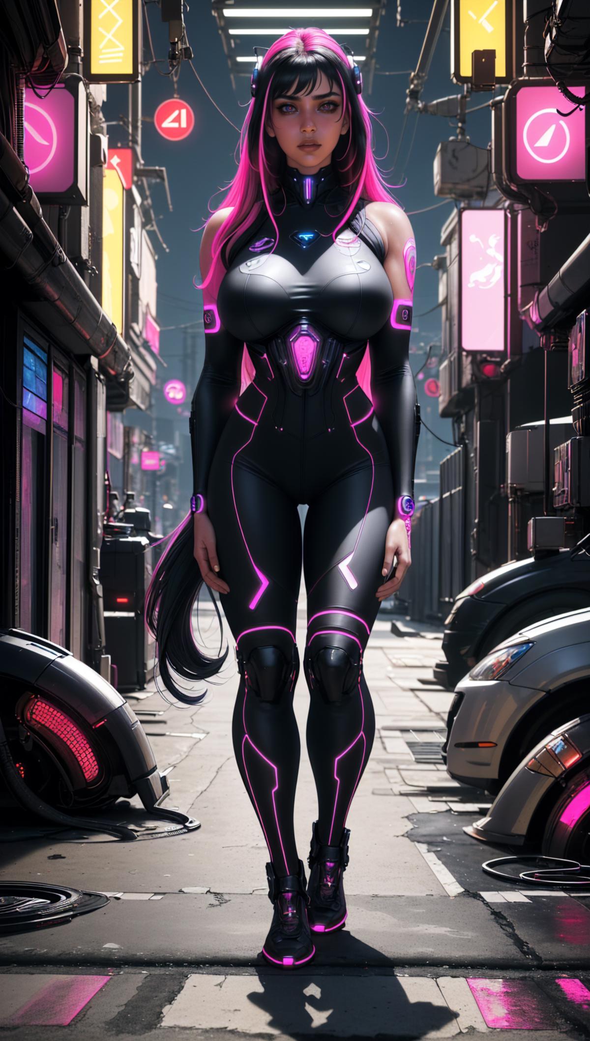 A woman wearing a tight black and pink bodysuit standing in a futuristic city.