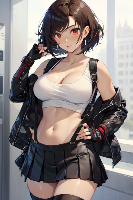 ShortHairTifa, 1girl, solo, short hair, large breasts, brown hair, red eyes, black gloves, navel, cleavage, bare shoulders, jewelry, collarbone, pleated skirt, elbow gloves, midriff, black thighhighs, miniskirt, fingerless gloves, black skirt, white tank top, skindentation, swept bangs, suspenders, suspender skirt, taut clothes, dangle earrings