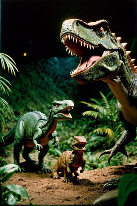 filmed by russ Meyer in (1967), Best quality, professional photo, production stills, from the film, Jurassic Park, one (claymation) tyrannosaurs, roaring, flattering light, RAW photo, 8k uhd, dslr, high quality, depth of field, (film) camera, extremely detailed, photographed from below