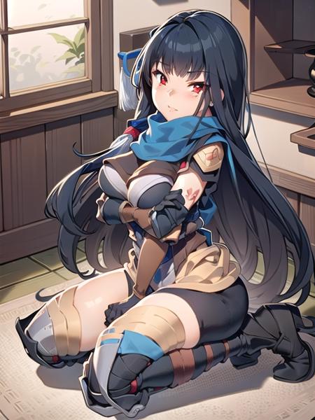 (ultra detailed),(masterpeace),(best quality),(photorealistic),CG,(colour:1.2), beautiful lighting,light from the front,official art,indoors for Japanese-style room,solo, <lora:momochitanba:1>,momochitanba,black hair,long hair,ninja,navy blue suite,red eyes,navy blue scarf,