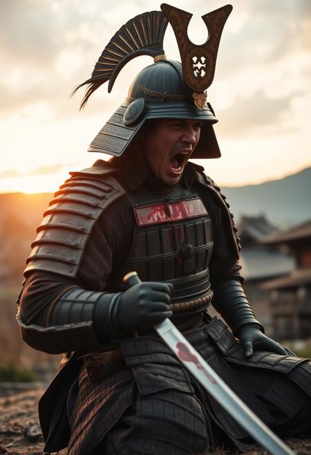 A kungfu cinematic movie still taken with an HD movie camera focused on a Japanese 40 year old samurai wearing traditional medieval samurai armor and helmet.  The samurai is on his knees wounded and is commiting hari-kari.  The samurai is screaming stabbing his katana sword into his own chest.  Blood is dripping from sword. In the background is a medieval Japanese town.  The camera is at an interesting angle.  The sun is low near dusk.