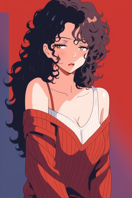 bare shoulder,sexy, cleavage,1 girl,portrait, curly hair,simple background, lips, spark ,niji style, camisole, Pullover Sweater , realistic,in the villa, steamy, steam , sad,deep red gradient background, (masterpiece,best quality)