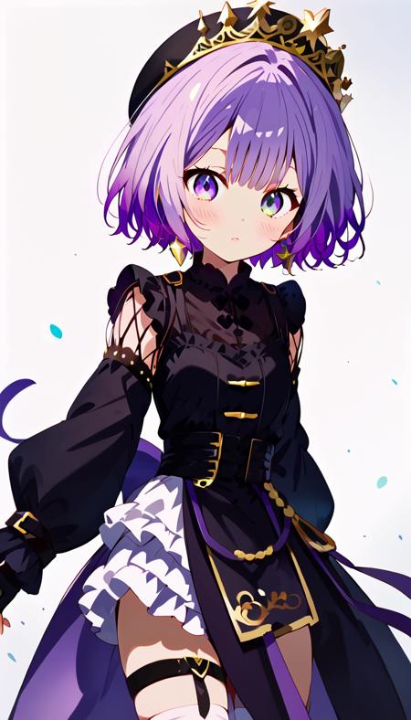 1girl,short hair,purple eyes, purple hair,black dress,dress,long sleeves,bangs,black headwear,hat,heterochromia,white thighhighs,multicolored hair,thigh strap,detached sleeves,gloves,jewelry,black gloves,earrings,fingerless gloves,frills,puffy long sleeves,beret,black footwear,crown,gradient hair,