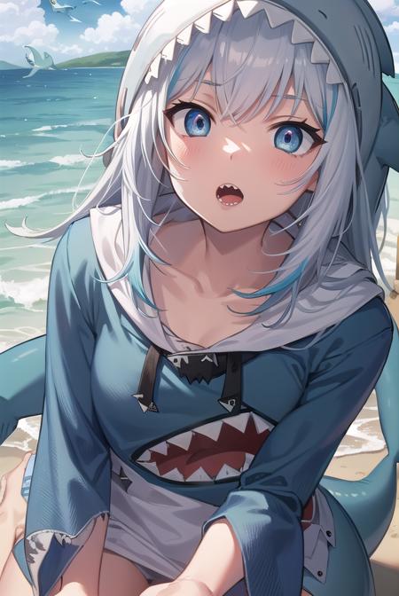 gura gawr, blue hair, grey hair, medium hair, multicolored hair, shark girl, sharp teeth, two side up, teeth, (animal hood:1.5), blue nails, fins, fish tail, hood, long sleeves, (shark hood:1.5), shark tail, tail,