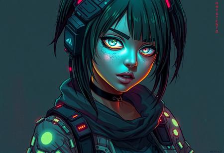 Digital art illustration of a cyberpunk hacker girl with neon glowing body spots and bionic eye, wearing torn clothes and technological gadgets. Introduce neon, dark, worn elements in the aesthetic, nice detail, high quality.