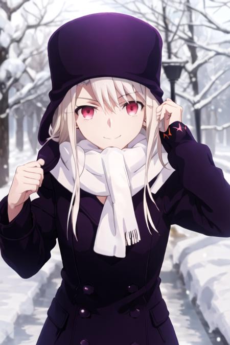 best quality, masterpiece, highres, solo, {illyasviel_von_einzbern_fatestaynightufotable:1.15}, long_hair, white_hair, red_eyes, bangs, hair_between_eyes, 1girl, coat, head_out_of_frame, scarf, white_scarf, purple_coat, closed_mouth, smile, snowing