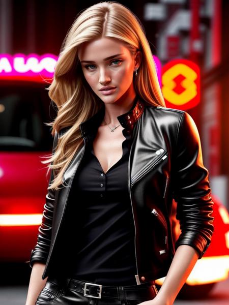 photo of a stylish (Rosie_HW_v1-2300:1),  in the street, wearing a (poloshirt) and a (leather-jacket), (neon-lights:1.1) (8k, RAW photo, best quality, ultra high res, photorealistic, masterpiece, ultra-detailed, Unreal Engine)