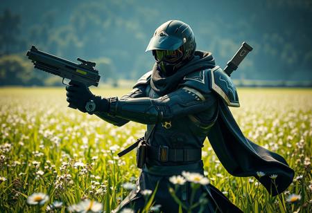 Aqua Armor Ninja in black suit with gold accents, holding gun, dynamic action pose, helmet visor, standing in vibrant verdant field, white flowers, distant trees. Dramatic cinematic lighting, wide angle. Octane render, Unreal Engine 5, trending on ArtstationHQ, CGSociety, photorealistic, hyperdetailed, 8k, shot by James Jean.