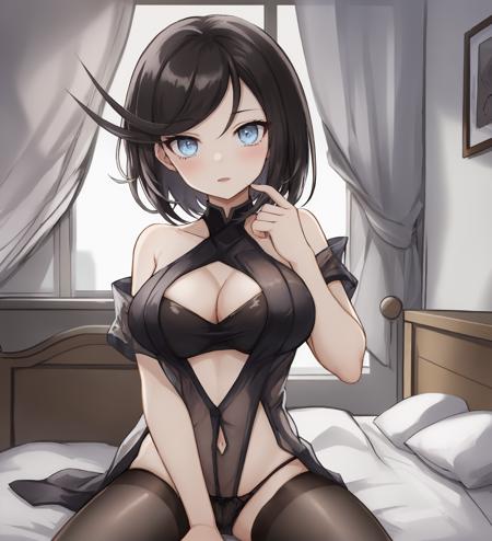 <lora:IntruderNormal:1>,1girl,black hair,blue eyes,short hair,intrudernormal,sangvis ferri,pantyhose,see-through,clothing cutout,asymmetrical clothes,halterneck,