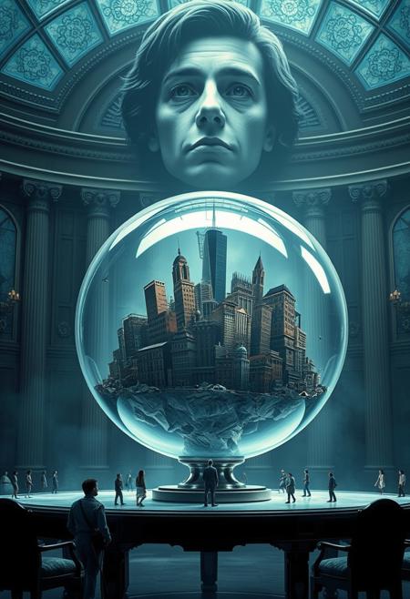 The image depicts a city trapped within a glass sphere, a delicate yet impenetrable prison that isolates it from the outside world. This sphere rests on a table in a grand hall.
Inside the sphere, the tiny inhabitants of the city, aware of their confinement, look up with awe and terror. They see a giant face looming above them, peering down into their world. For them, this person outside the sphere fills the sky like an omnipotent being, creating a blend of fascination and fear as they observe this colossal figure.
The hall remains eerily silent, heightening the drama of the scene. The encounter between the tiny observers inside the sphere and the observed figure outside is filled with wonder and subtle horror. Both sides experience a strange mix of power and vulnerability in a moment that is deeply unsettling and captivating.