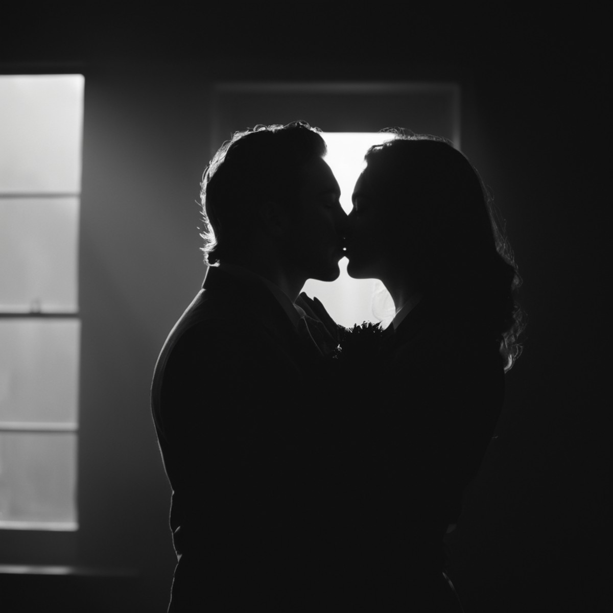 cinematic film still of  <lora:silhouette style:1>
A silhouette photo of a couple kissing in front of a window,long hair,s...