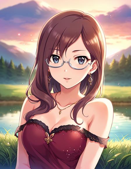 ygmmkn, ygmmkn, long hair, brown hair, bangs, grey eyes, blue eyes, semi-rimless eyewear, under-rim eyewear, grey-framed eyewear, medium breasts, score_9, score_8_up, score_7_up, source_anime,