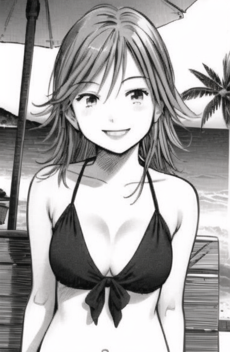 1girl <lora:kanna-08:0.7> ((endou_kanna)), solo, 1girl female_focus (monochrome), manga, smile, upper body, kawaii, smile, light smile, cute, beach, bikini,