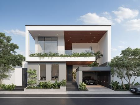 Architectural style Architectural style,     <lora:JJsModernStyleHouse_XL:1>, ((Modern Style House)),(masterpiece) , ((best quality)), dramatic lighting, high quality outdoors, sky, day, cloud, tree, blue sky, building, scenery, road, real world location,  sunlight, enough detail, high resolution,super realistic, Photorealistic, highly detailed, balcony, plants, door, car,  paving, , architectural drawing, highly detailed  , . Clean lines, geometric shapes, minimalist, modern, architectural drawing, highly detailed