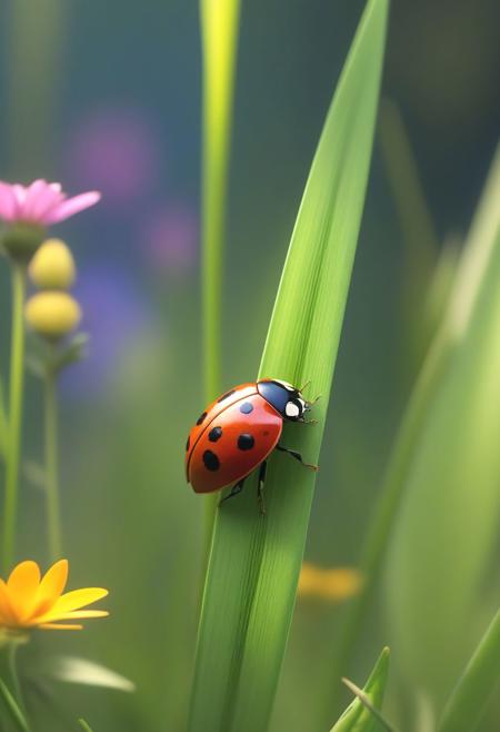 A hyper-realistic 3D close-up of a ladybug perched on a blade of grass, its back adorned with a miniature terrarium overflowing with wildflowers. Rendered in the vibrant, whimsical style of Lisa Parker, with a touch of Beeple's signature strokes. 8K Octane render. (Lisa Parker is known for her pop surrealist style with big eyes and vibrant colors)