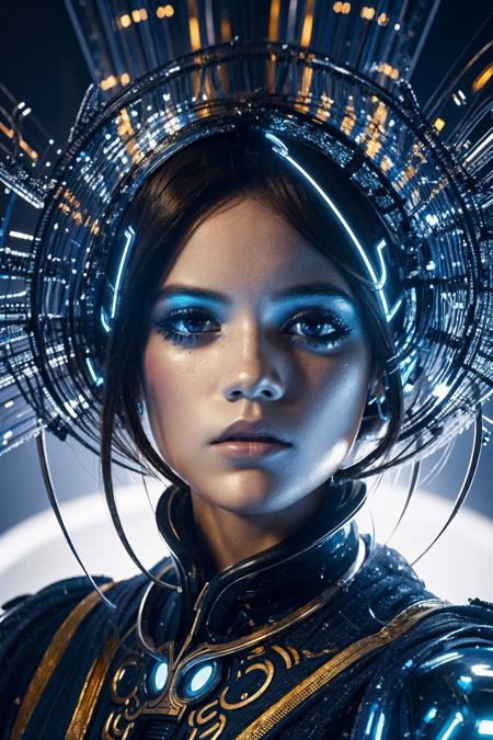 image of the stunning metallic android looking at the lights, in the style of futuristic spacecraft design, light amber and blue, photorealistic portraits, macro zoom, elegant, emotive faces, swirling colors, photo-realistic, Antonio Mora, (intricate details, hyperdetailed:1.15)  <lora:Jenna_Ortega_640x960:0.85>