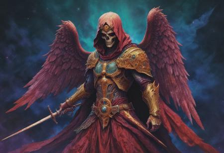 cosmic angel of death wielding swords, hood and mask, modern, vibrant colors, outer space, sci-fi, highly detailed, majestic
