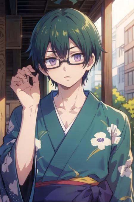 masterpiece, best quality, high quality, 1boy, solo, male focus, looking at viewer, upper body, <lora:takaharu_ootomo:0.56>, takaharu_ootomo, purple eyes, green hair, glasses, , yukata