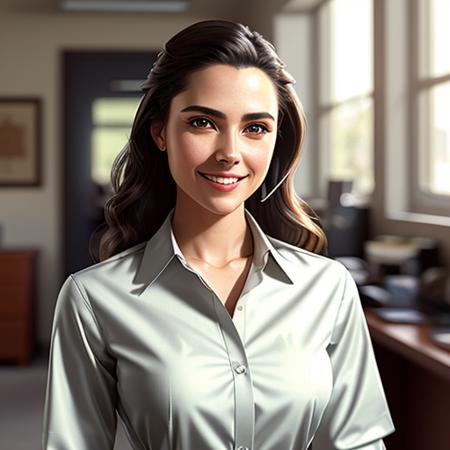 a waist-length portrait of a young woman in a office shirt, smile, office, natural skin texture, 4k textures, hdr, intricate, highly detailed, sharp focus, cinematic look, hyperdetailed <lora:sd-pulp-1-1-lora:1>, dime detective, cover art, illustration