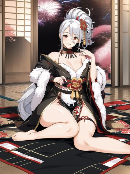 Prinz Heinrich a woman sitting on a rug in a room, heinrich_kimono_outfit (masterpiece, realistic, best quality, 1girl:1.3), (extremely intricate:1.2),  beach background,   <lora:prinzheinrich:0.7>