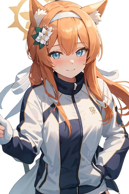 best quality, masterpiece, highres, solo, {mari_bluearchive:1.15}, long_hair, orange_hair, flower, blue_eyes, halo, bangs, blush, animal_ears, hair_ornament, animal_ear_fluff, hair_flower, smile, hairband, white_hairband, hair_between_eyes, 1girl, jacket, looking_at_viewer, multicolored_clothes, official_alternate_costume, simple_background, track_jacket, white_background, closed_mouth, long_sleeves, multicolored_jacket, two-tone_jacket, upper_body