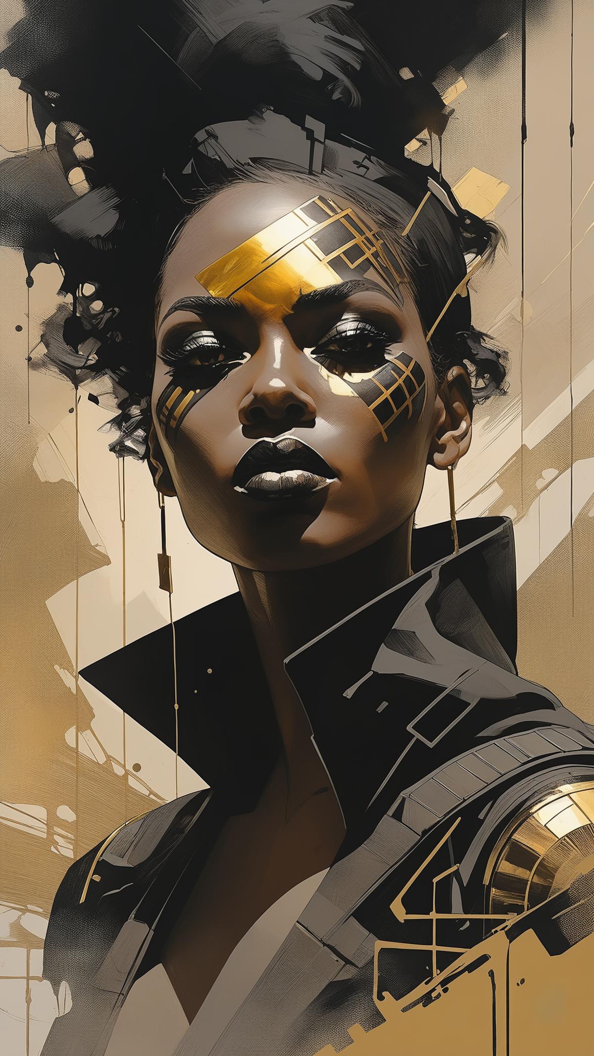"African Woman with Gold Painted Face and Black Jacket"
