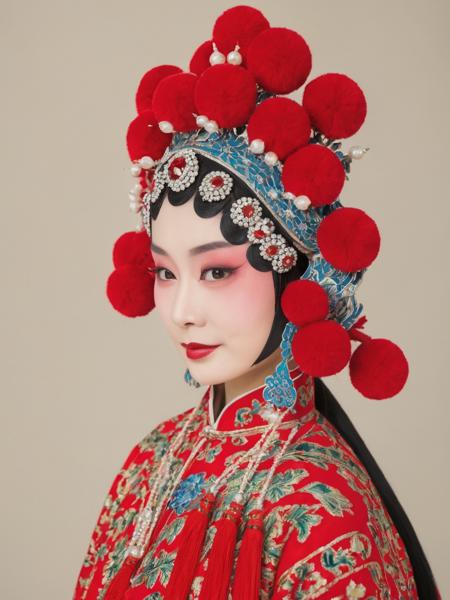 <lora:chinese operas_1:0.7>,A woman was dressed in a red, patterned costume,Several pieces were carried on his back,solo,Front close-up,daomadan,