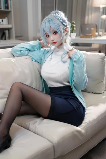 ultra-detailed,highly detailed,best quality,masterpiece,illustration,
1girl,xuenv,cosplay, 
sweater,shirt,open cardigan, skirt,hair bun,braid,bangs,pantyhose, footwear,
aqua sweater,aqua hair,
sitting on sofa,  
<lora:xuenv_v1_07:0.7>