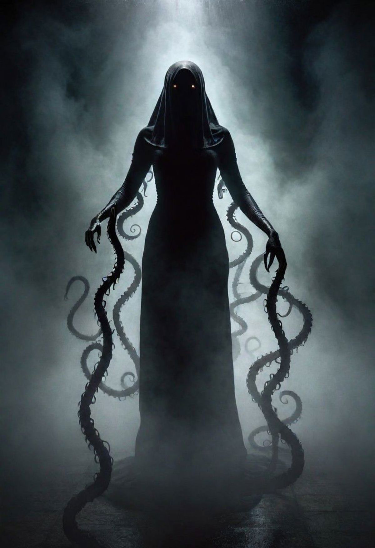 Lady in a black dress with long, curly octopus arms in a mysterious, dark setting.