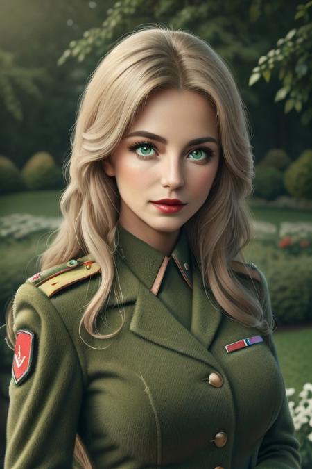 grassify, Photo, close-up, face focus, portrait, mature female, European, solo, 38 years old, sexy, garden, rose garden, summer evening with golden hour lighting, professional grade, hands hidden or out of view, long hair, white hair, blond hair, facing viewer, red lips, gentle smile, innocent eyes, beautiful, (fully dressed:1.5), Steffi_MXAI, 1girl, jewelry, makeup, Green eyes, military uniform, uniform, military, world war ii.