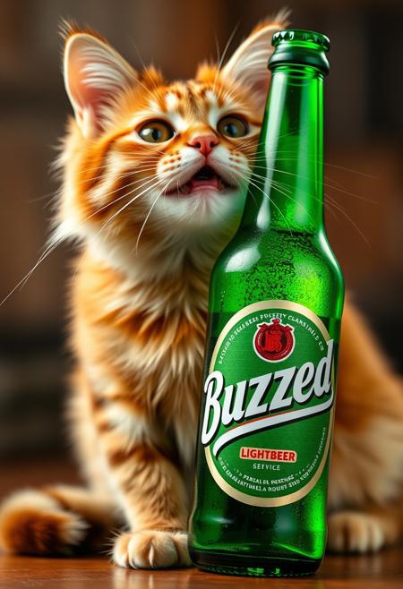 cat drinking beer, A green beer bottle titled "Buzzed Lightbeer ™"  Detailed, high quality.