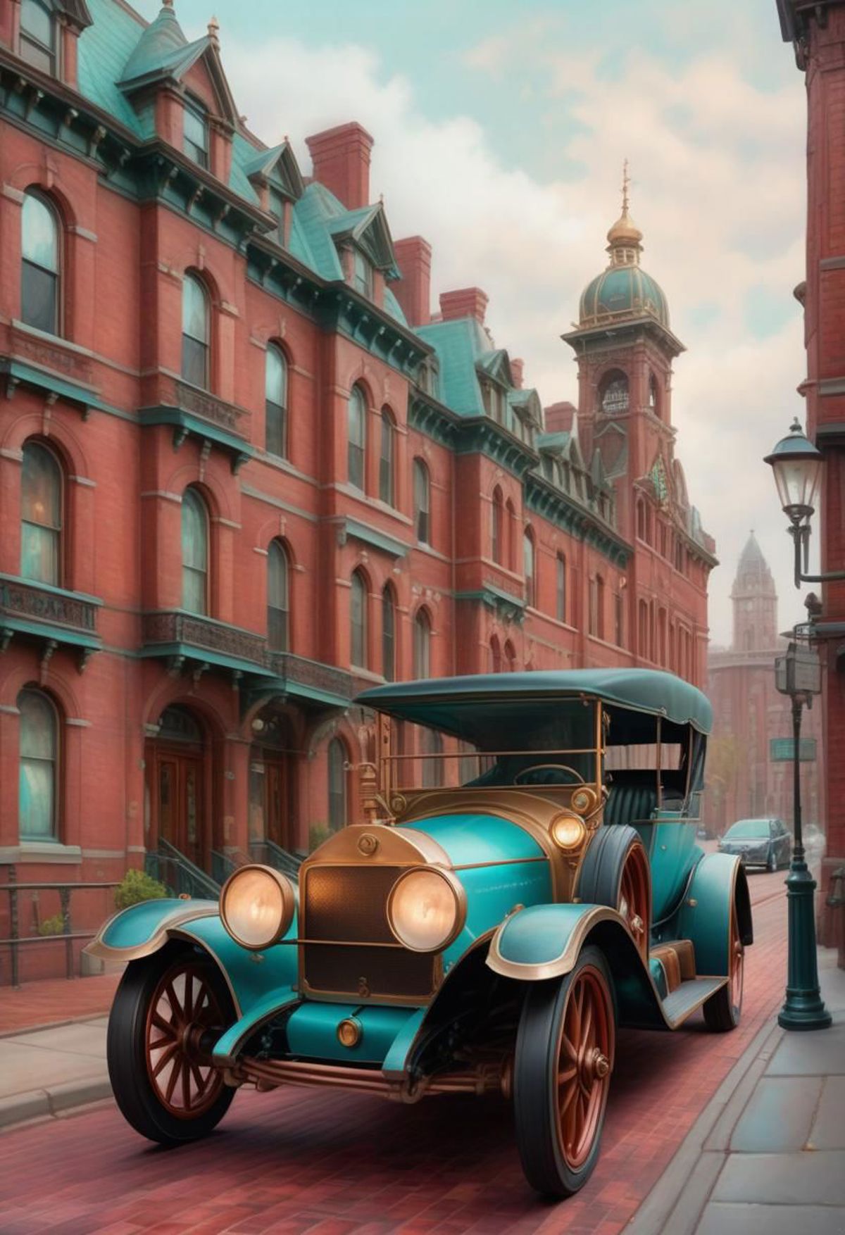 A vintage blue car is parked on a city street in front of a building.