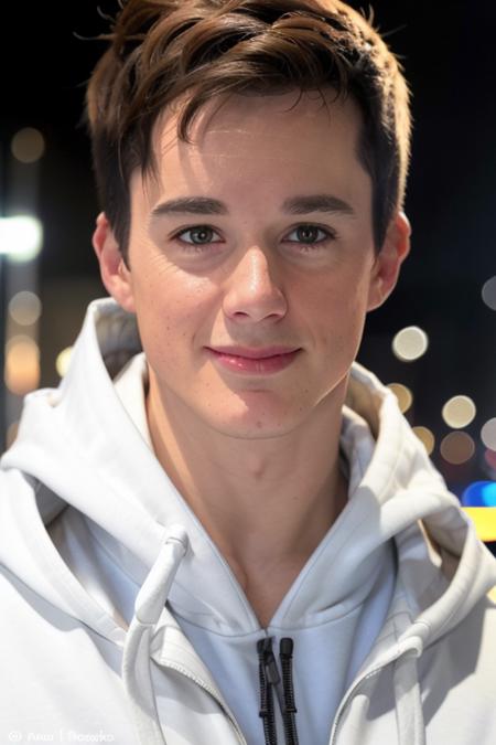 a man <lora:p13tr0b0s3lli:1> downtown a busy city, short hair, baggy white hoodie, highly detailed face, cinematic lighting, 8K, RAW, UHD, smiling:0.5, (candid:1.1, amateur:1.1), people in the background, upper body, (close up), beautiful day outside, perfect sunny day